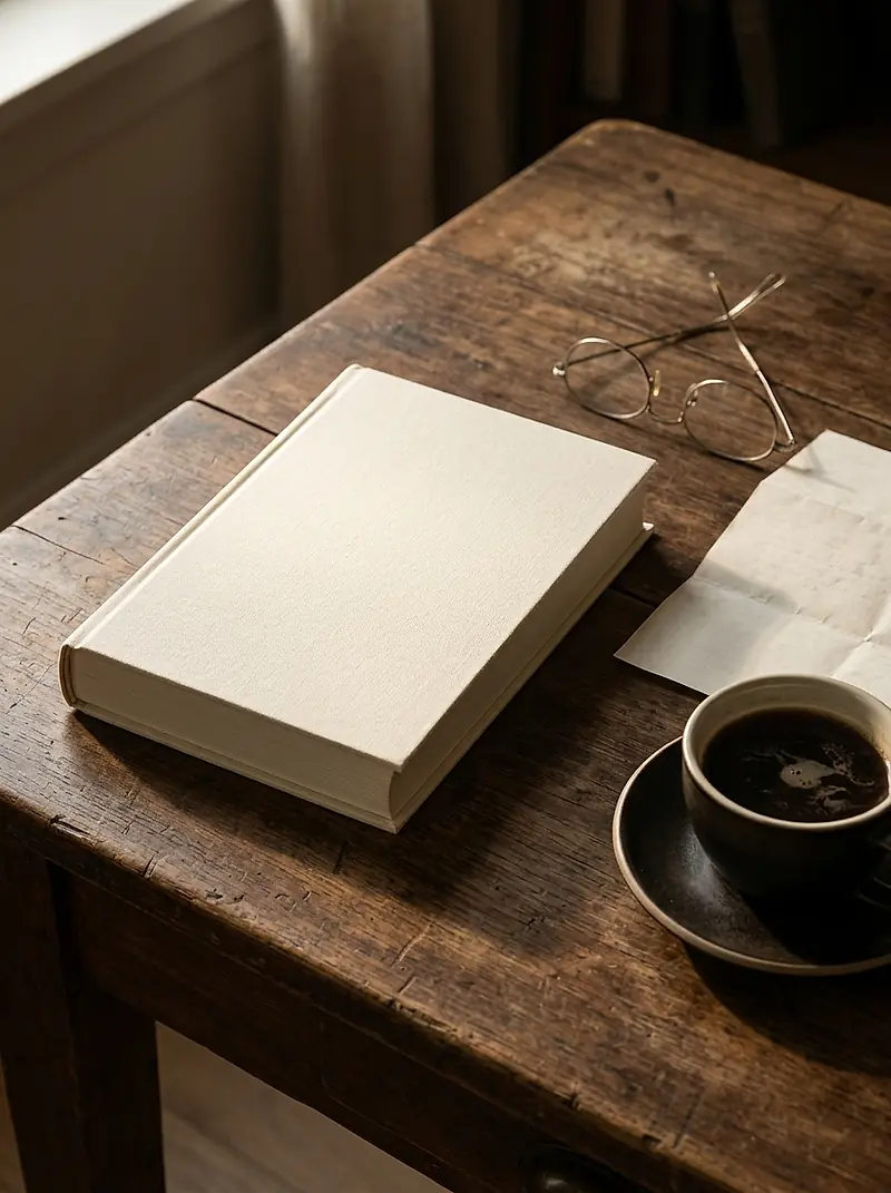 A closed book, reading glasses and a cup of coffee on a wooden desk