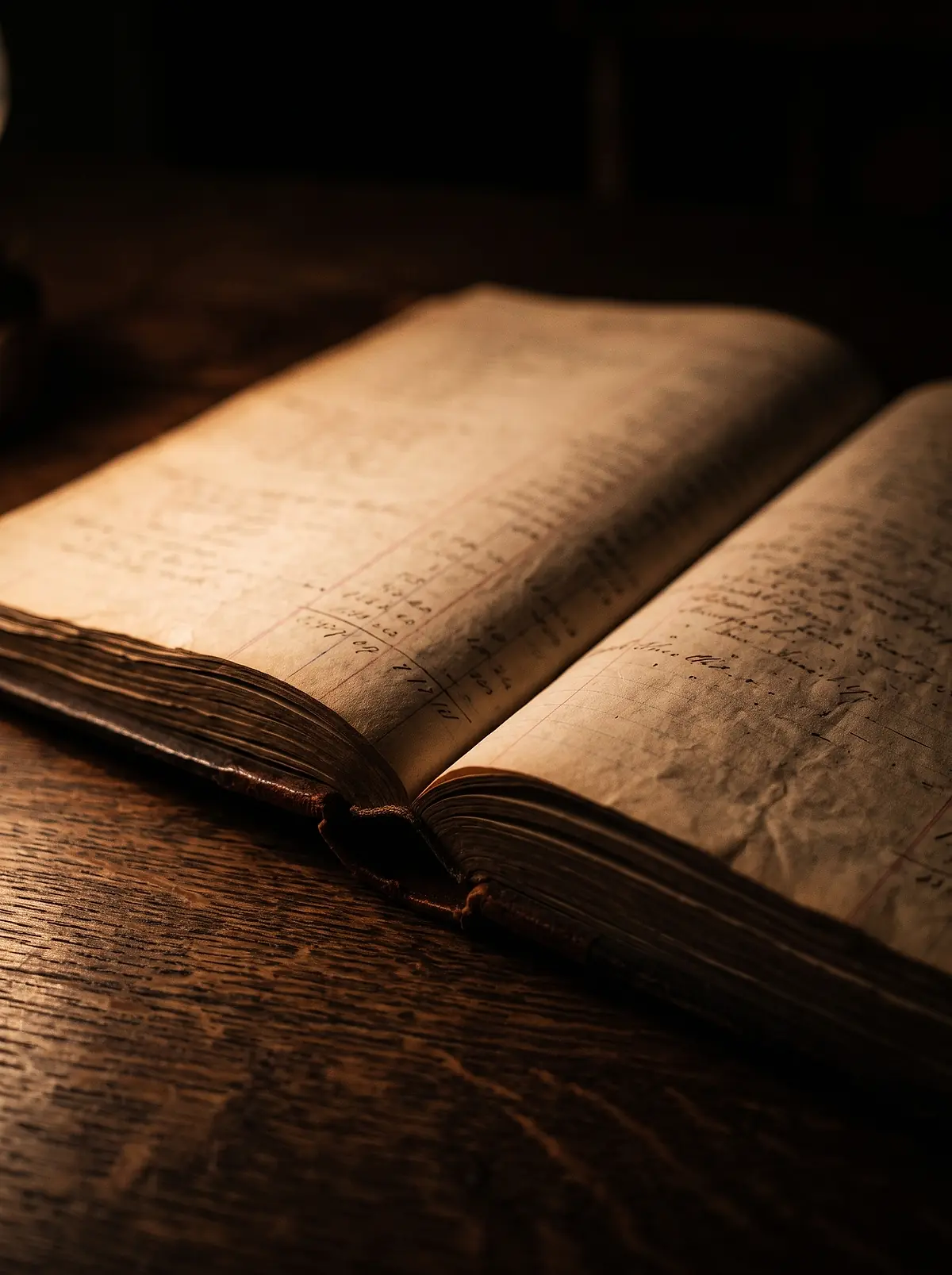 An open nineteenth century account ledger with faint handwritten columns on a dark oak table