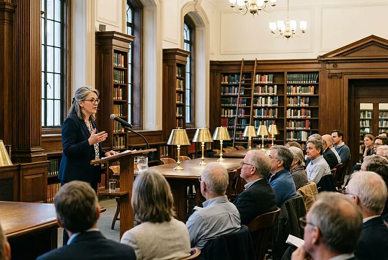 A speaker at a lectern in a wood panelled reading room, with an audience seated in front of her