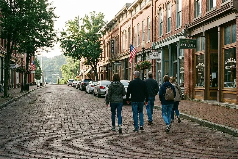 A small group walking along a brick paved street of nineteenth century storefronts
