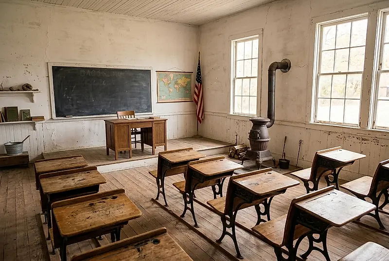 Rows of small wooden desks, a slate blackboard and a stove inside a whitewashed one-room schoolhouse