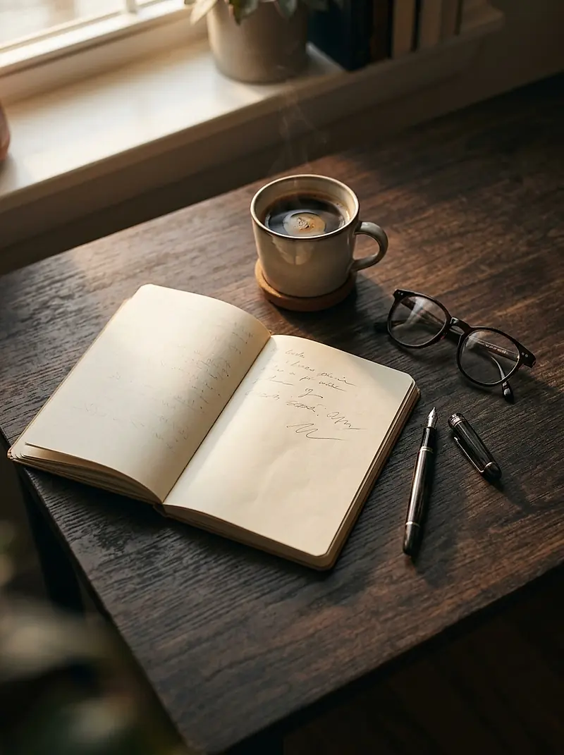 A notebook, pen and cup of coffee on a desk beside a window