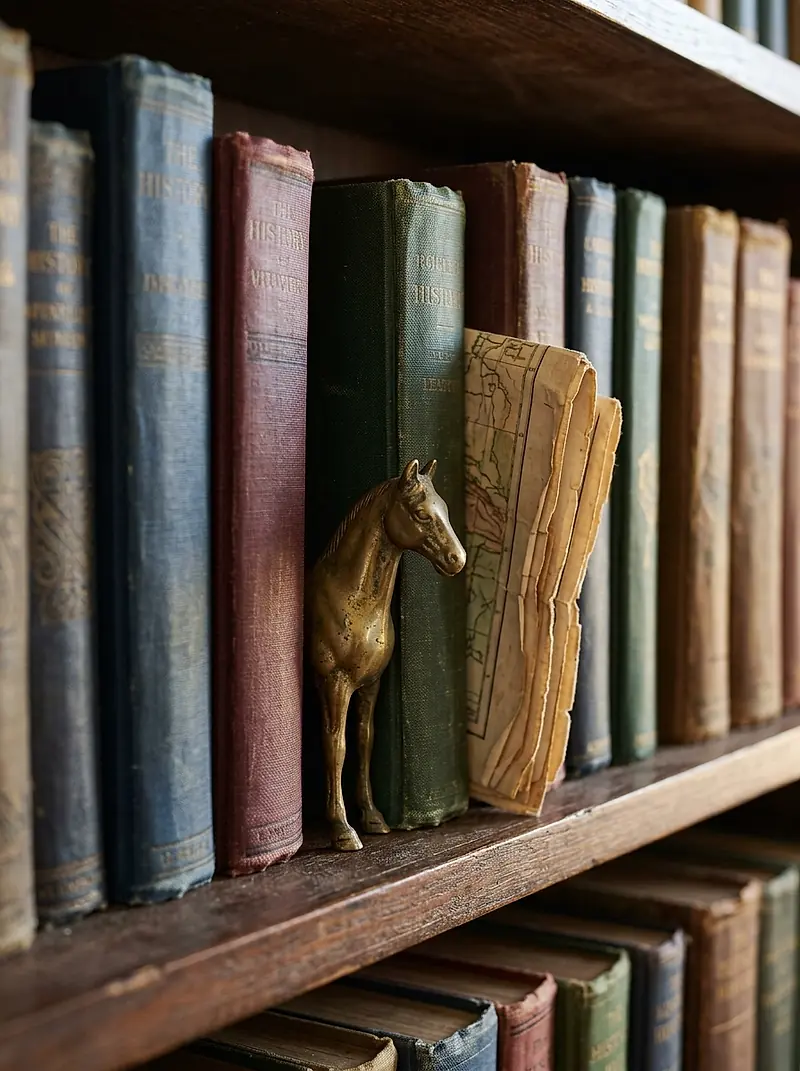 Worn hardcover history books on a shelf with a small brass horse figurine