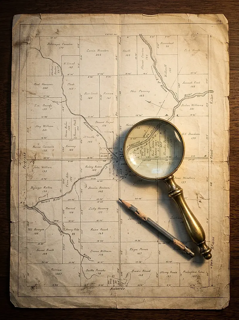 An old plat map of farmland on a table with a magnifier and a pencil