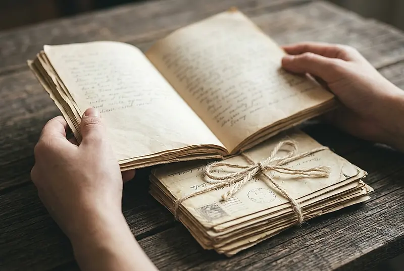 Hands holding open a well-worn notebook above a stack of old letters on a table