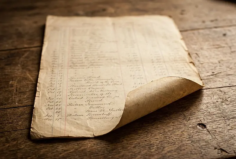 A curled page of an old ledger with faint ink columns on a wooden table