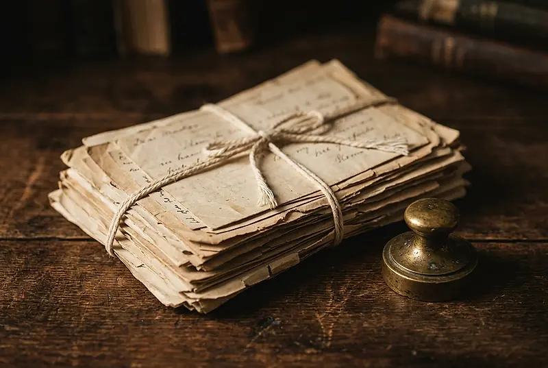 A bundle of aged letters tied with string beside a small brass weight