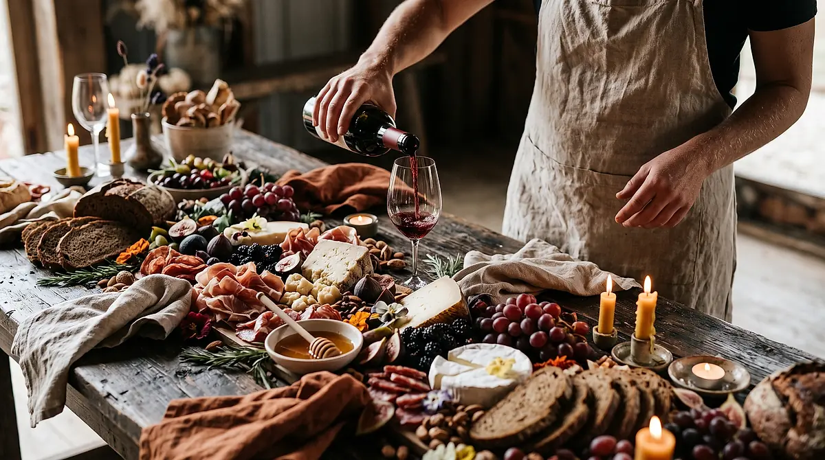 A caterer pours red wine above a grazing table of cheese, cured meats, fruit and flowers