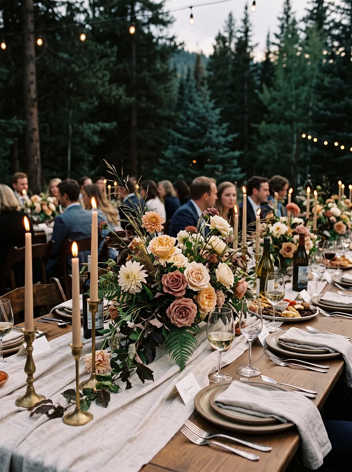 A candlelit wedding table with garden roses, taper candles and stoneware plates