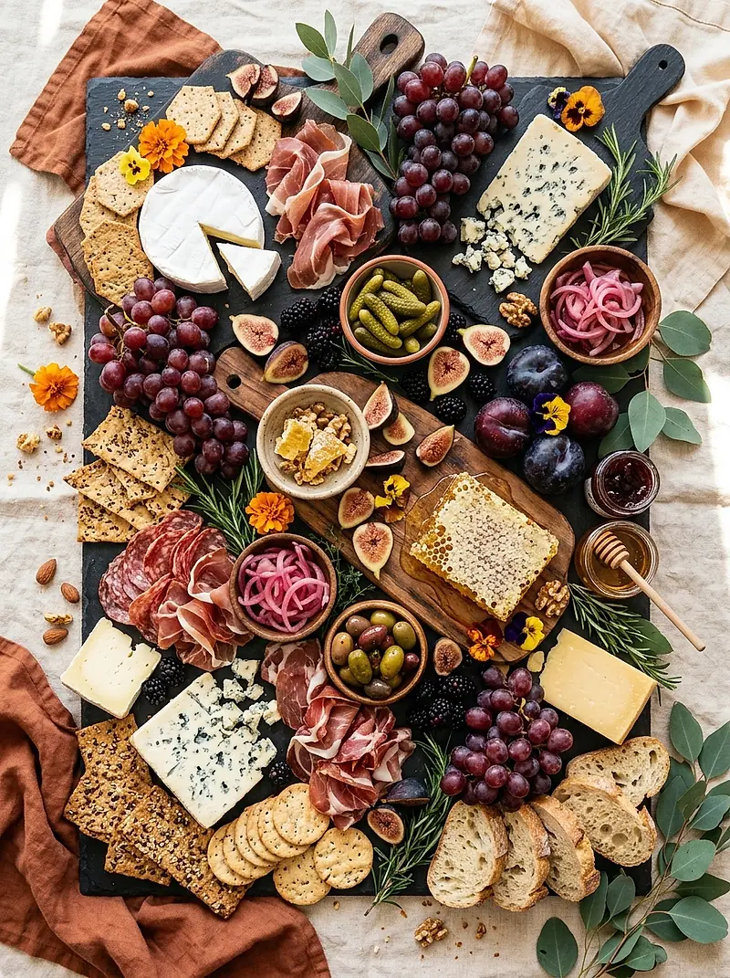 An overhead grazing board of cheeses, cured meats, fruit and flowers