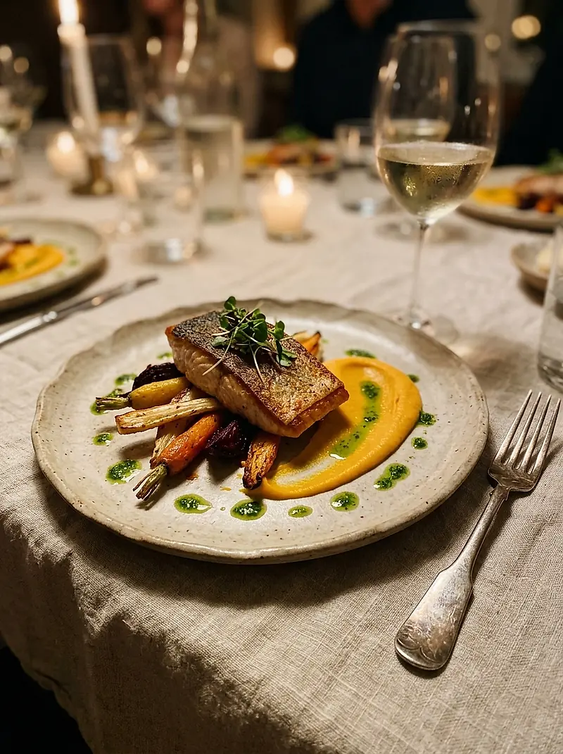 A plated main course of seared fish and roasted vegetables on stoneware