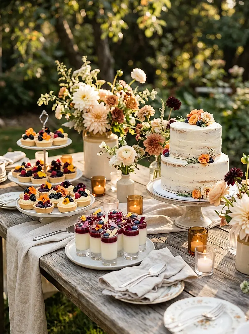 A dessert table of small tarts, panna cotta and a layer cake with garden flowers