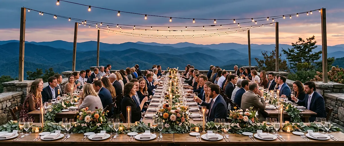 A long reception table under string lights on a mountain terrace at dusk