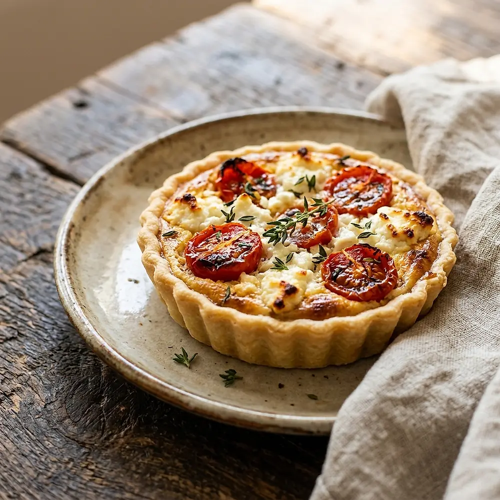 A single goat cheese tart topped with roasted tomato and thyme