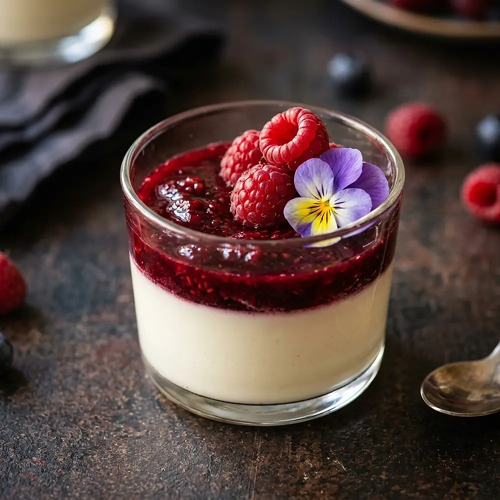 A glass of buttermilk panna cotta with berries and an edible violet