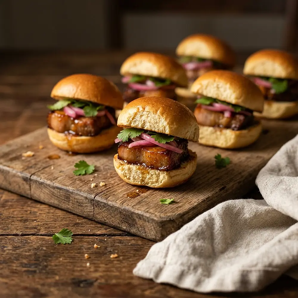Small pork belly sliders with pickled onion on a wooden board