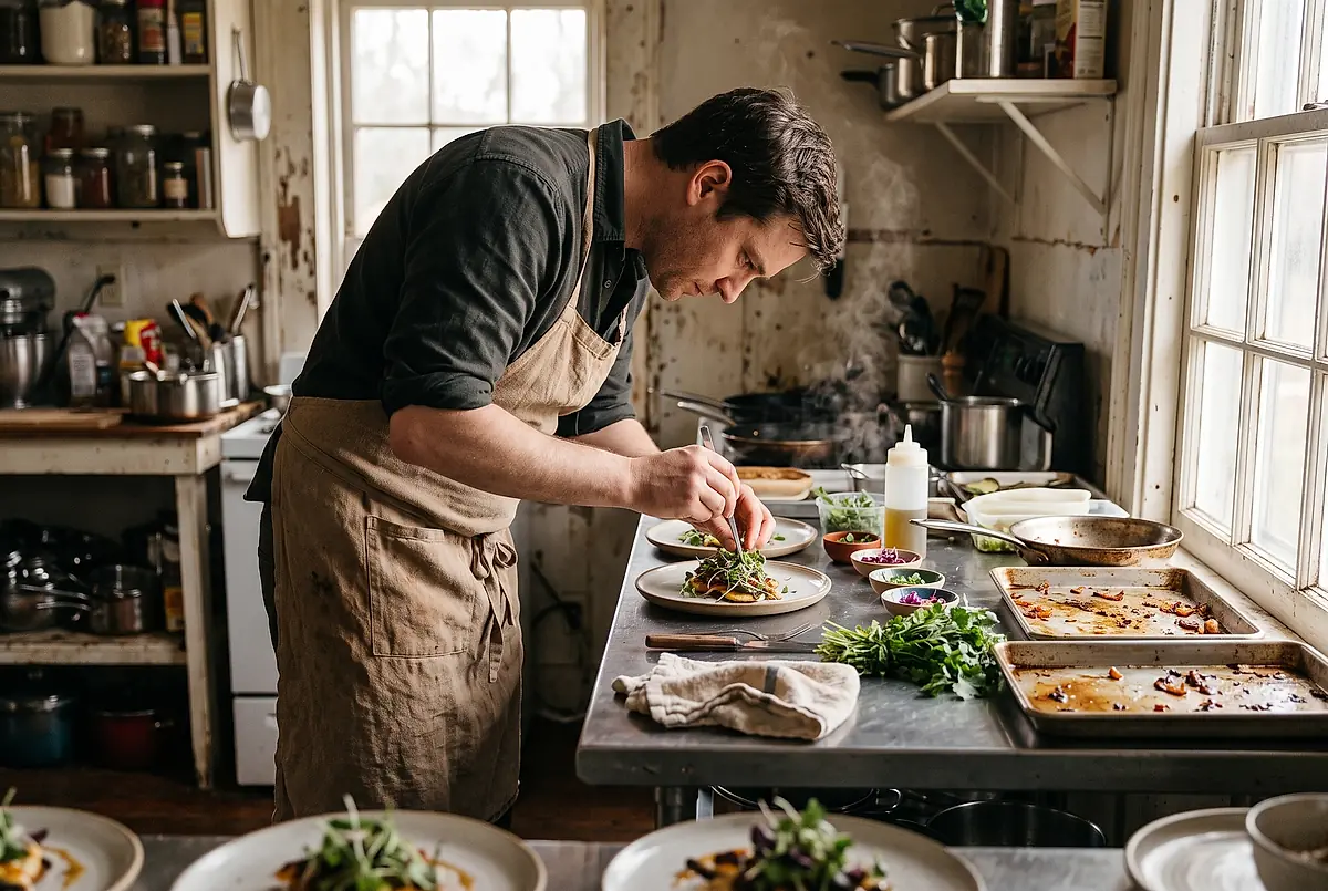 A chef plating a course in a small farm kitchen