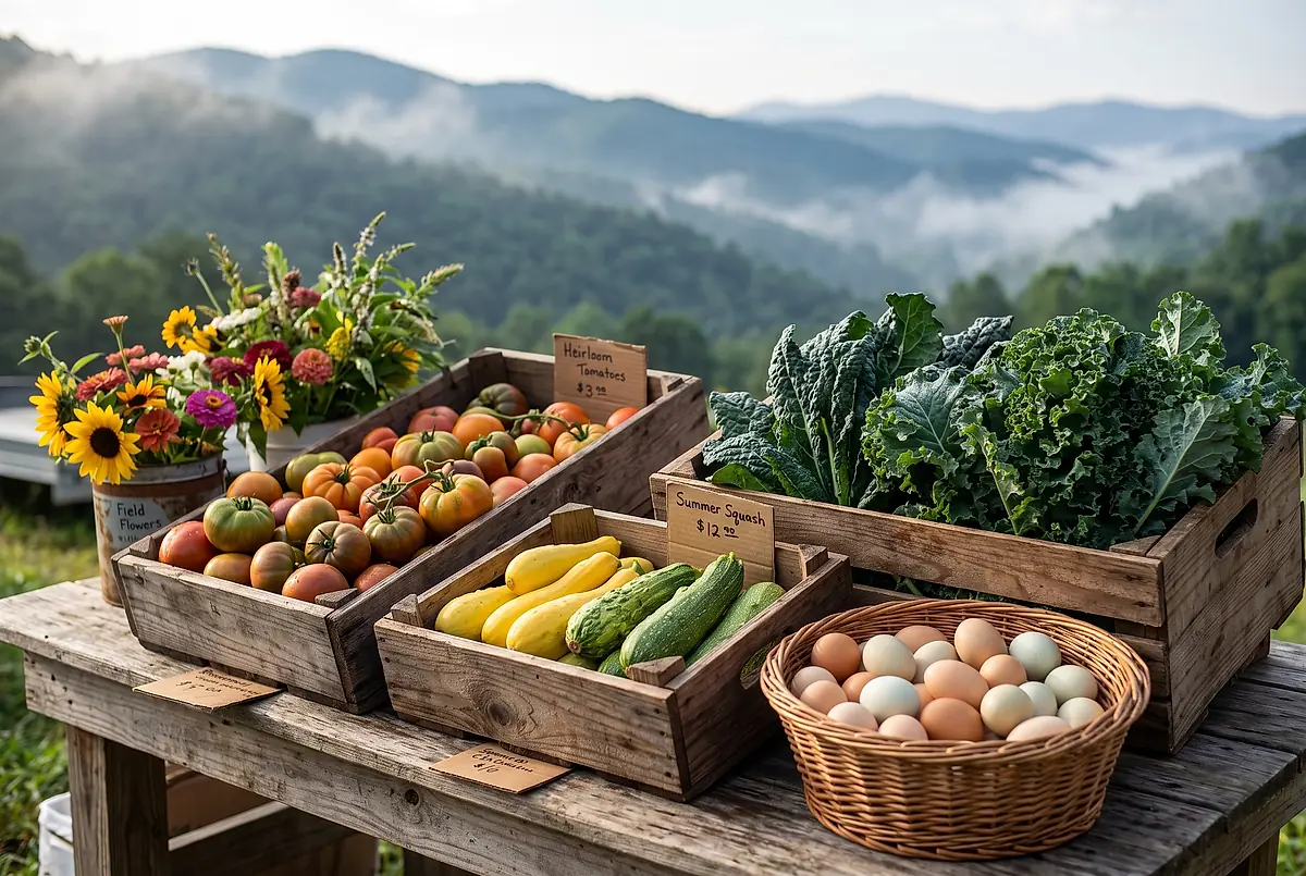 Crates of just-picked vegetables, herbs and flowers at a mountain farm stand