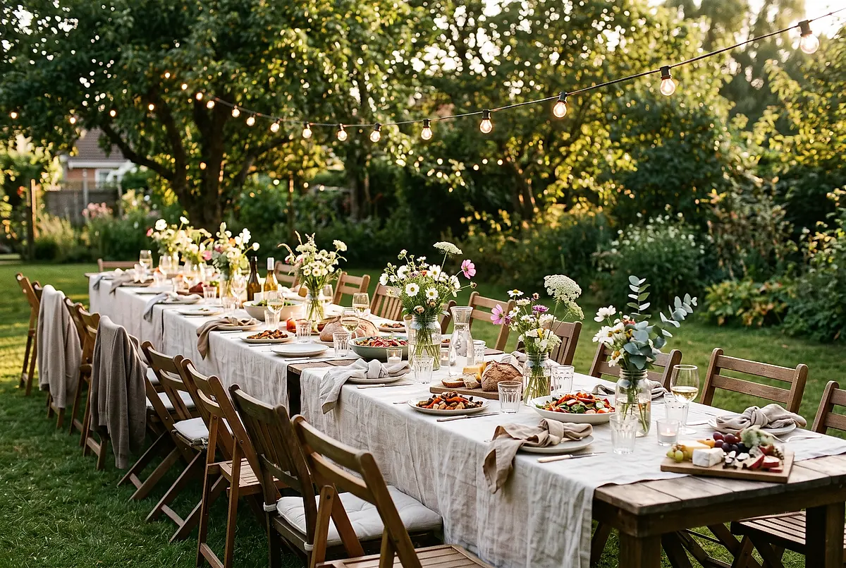 A garden party table set for twenty on a lawn under cafe lights