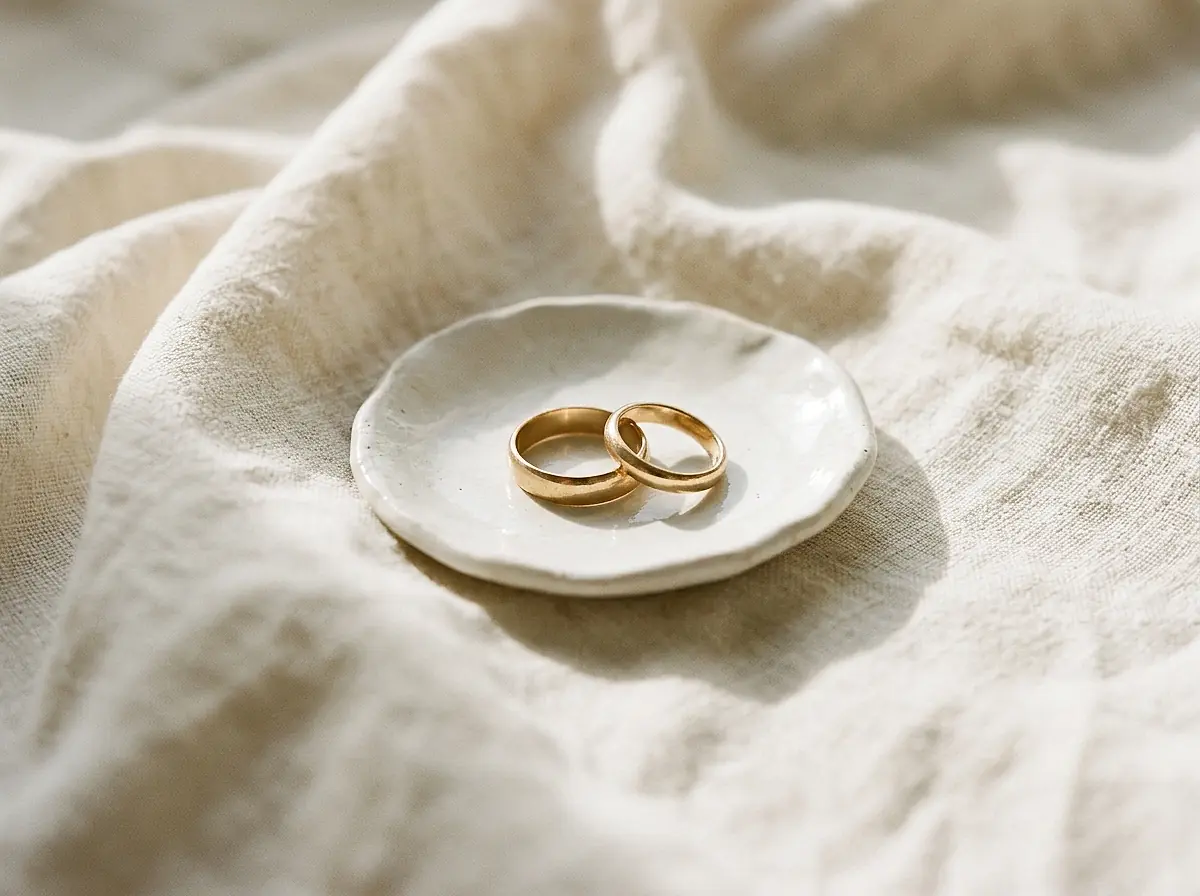 Two gold wedding bands on a small dish on cream linen