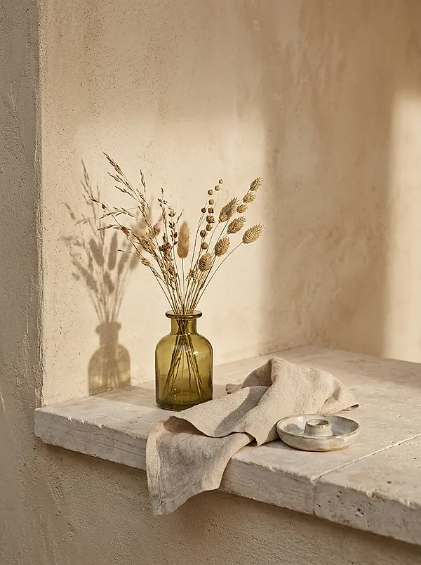 An olive green vase of dried grasses casting a shadow on a plaster wall