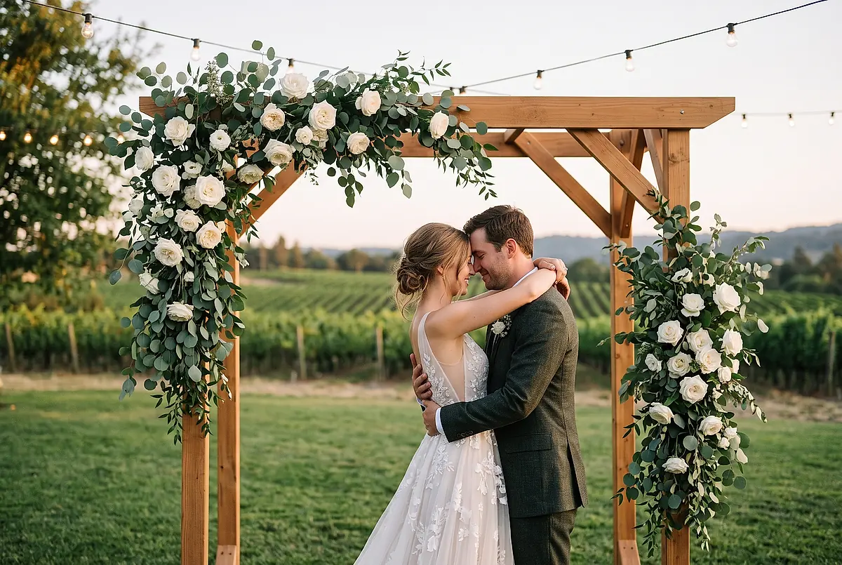 A couple embracing under a wooden arch of eucalyptus and white roses in a vineyard