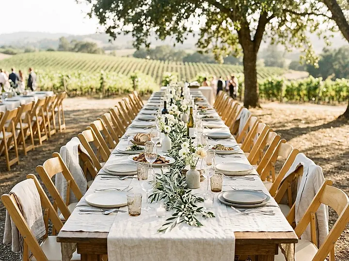 A long banquet table set with linen, ceramics and olive branches outdoors