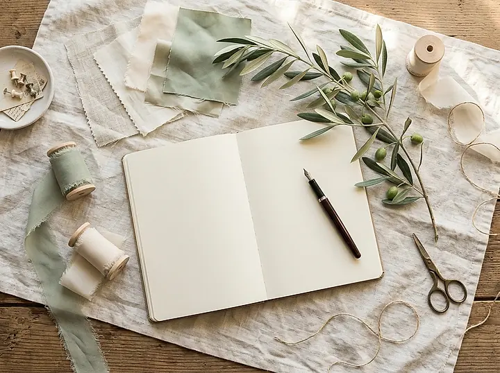 A planner's table with a notebook, fabric swatches and spools of ribbon