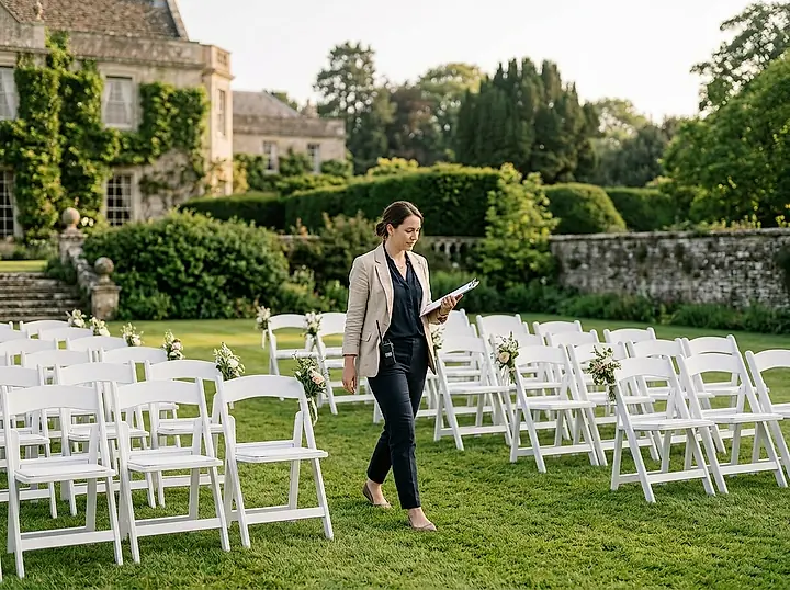 A coordinator walking a garden aisle of white chairs before guests arrive