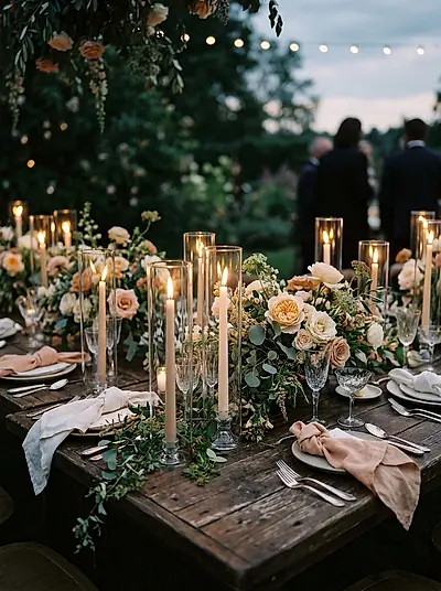 Taper candles and garden roses on a wooden table at dusk