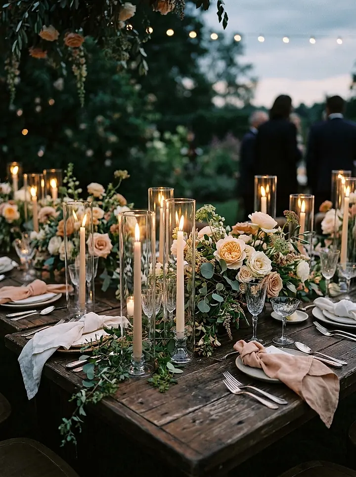 Taper candles and garden roses along a wooden table at dusk