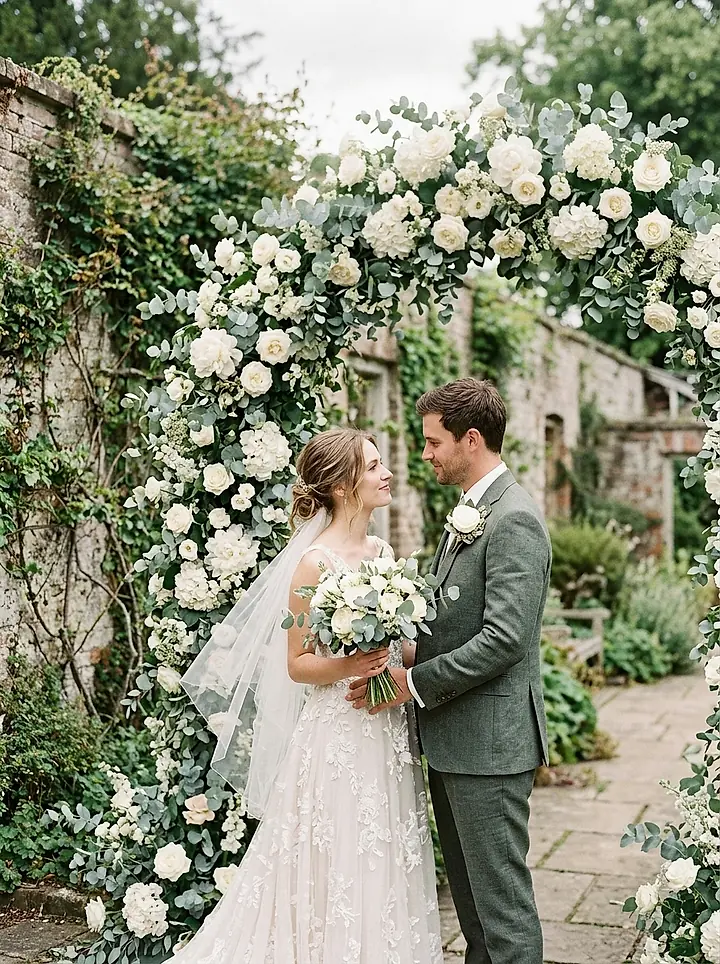 A couple standing beneath an arch of white blooms in a walled garden