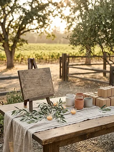 A welcome table with a linen runner and olive branches at a vineyard