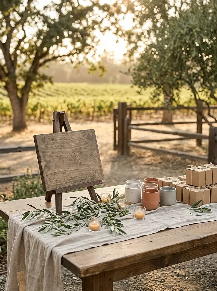 A welcome table with a linen runner, olive branches and candles at a vineyard