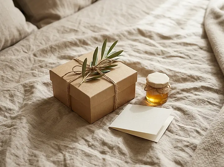 A kraft welcome box with an olive sprig and a jar of honey on a linen bedspread