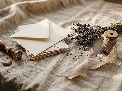 A brass wax seal, cream envelopes and dried lavender on linen