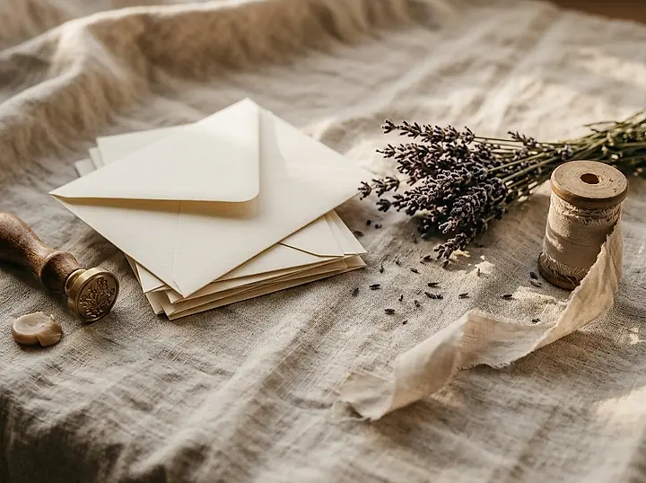 A brass wax seal, cream envelopes and dried lavender on linen