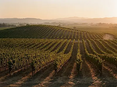 Rows of grapevines on a hillside in warm evening light