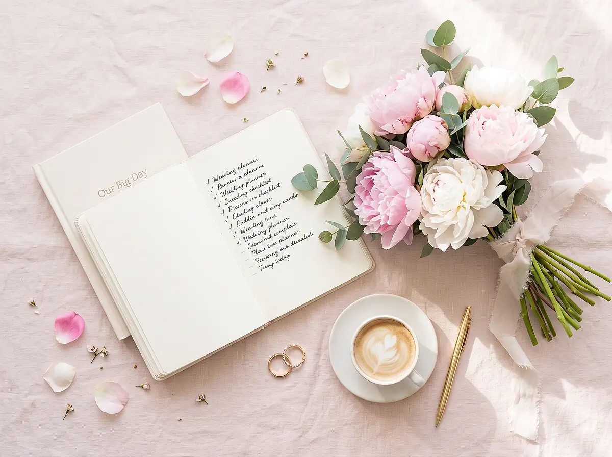 An open wedding planning notebook on a blush tablecloth with peonies, wedding rings and a cup of coffee