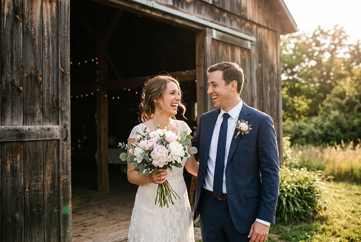 A bride and groom laughing together in the doorway of a timber barn