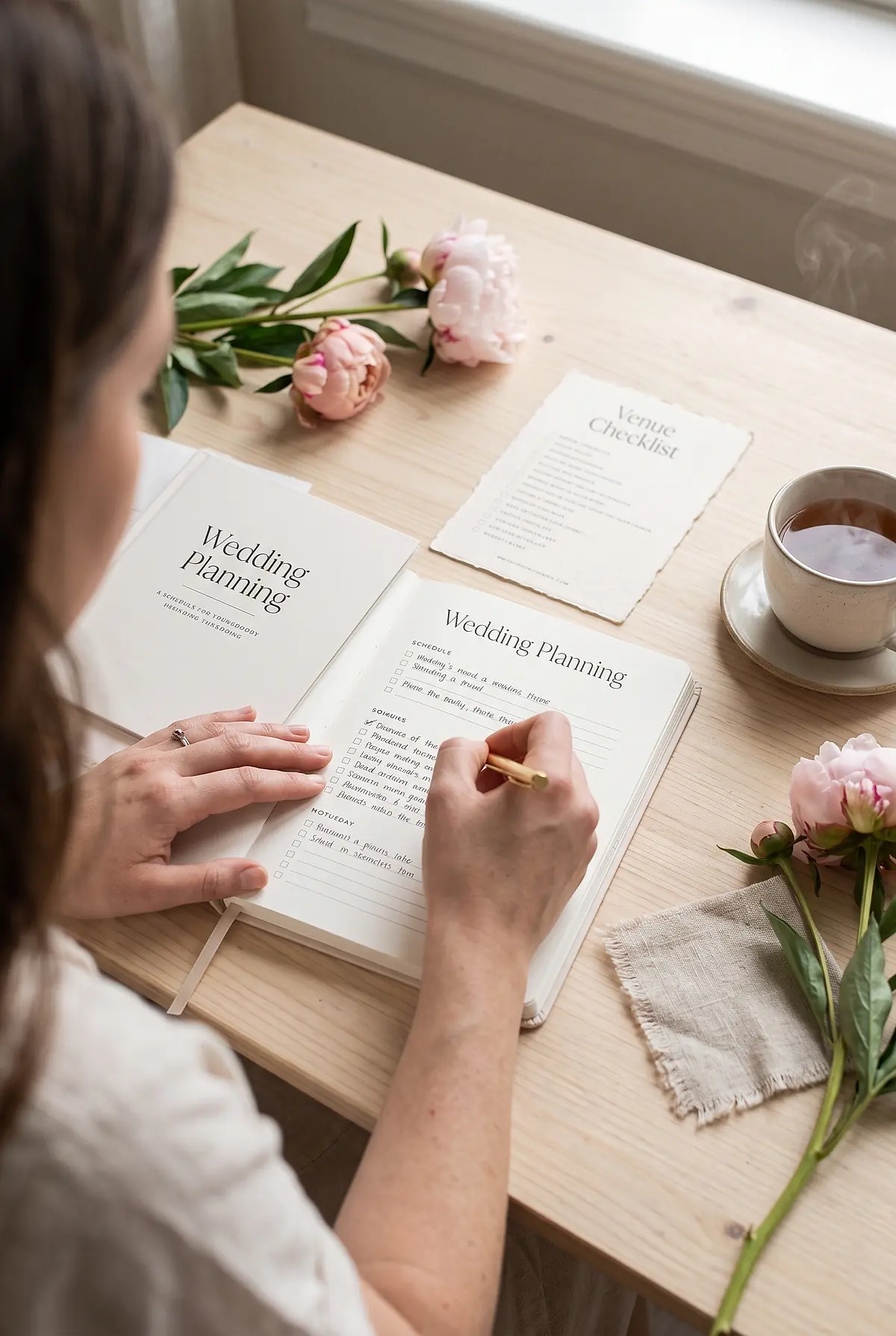 A bride writing her wedding schedule in a planner beside a checklist card, fabric swatch and peony stems