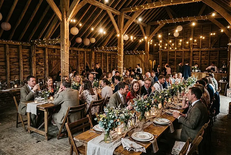 Guests at long farmhouse tables in a barn strung with warm lights
