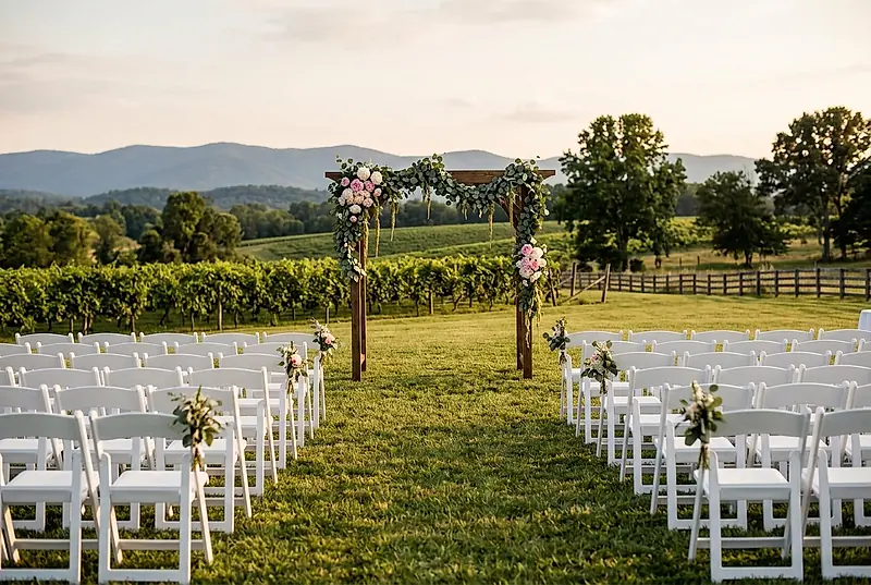 A vineyard ceremony aisle with white chairs and a wooden arch dressed in peonies
