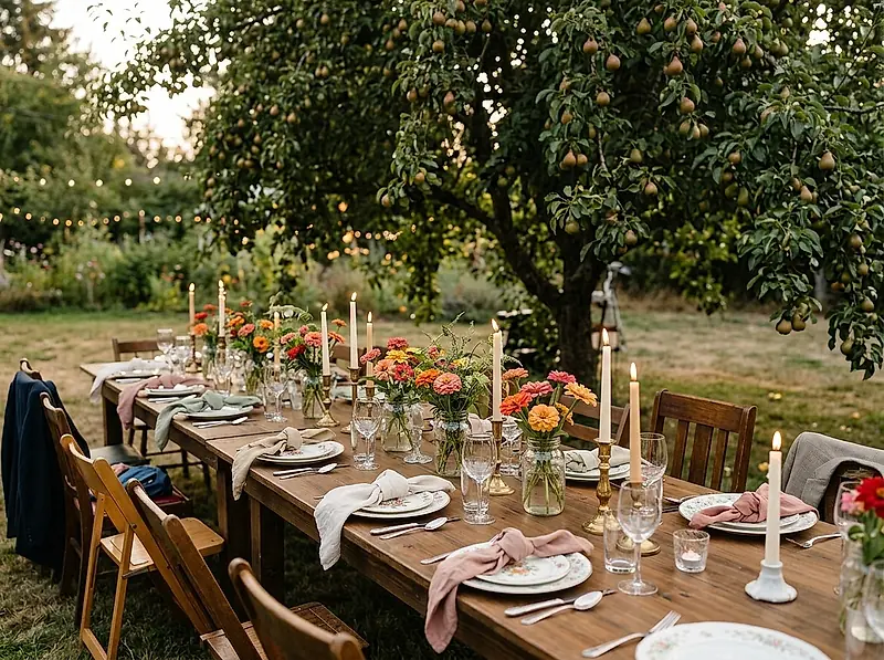 A backyard wedding table under a tree with candles, zinnias and mismatched china