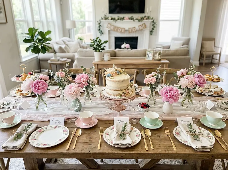A bridal shower table with pink peonies, a layer cake and pastel teacups