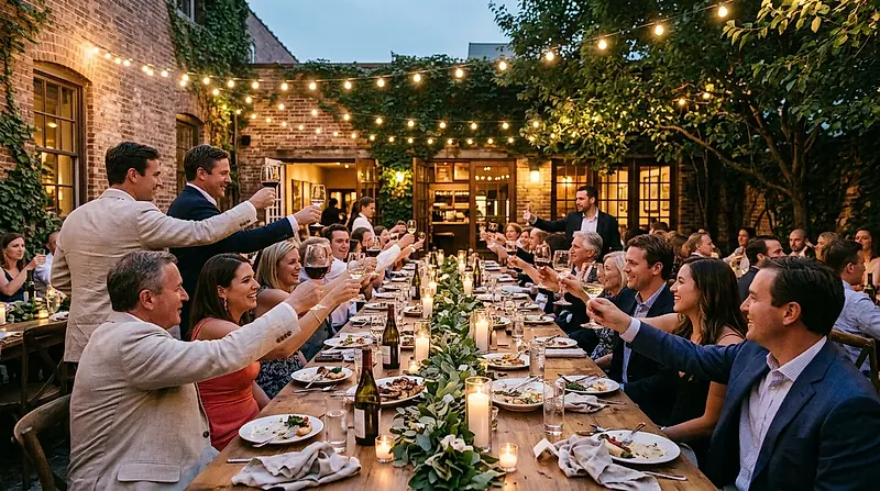Family and friends raising glasses at a rehearsal dinner under string lights