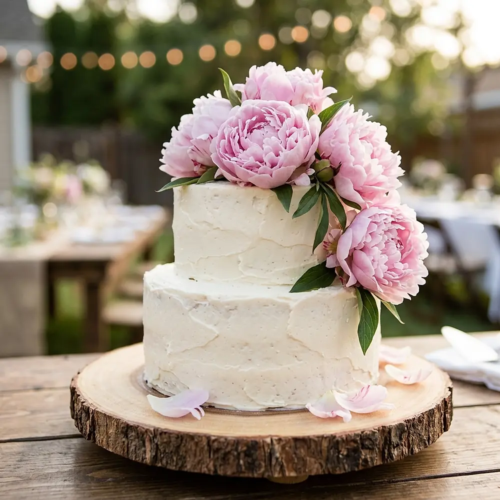 A two tier buttercream wedding cake topped with pink peonies