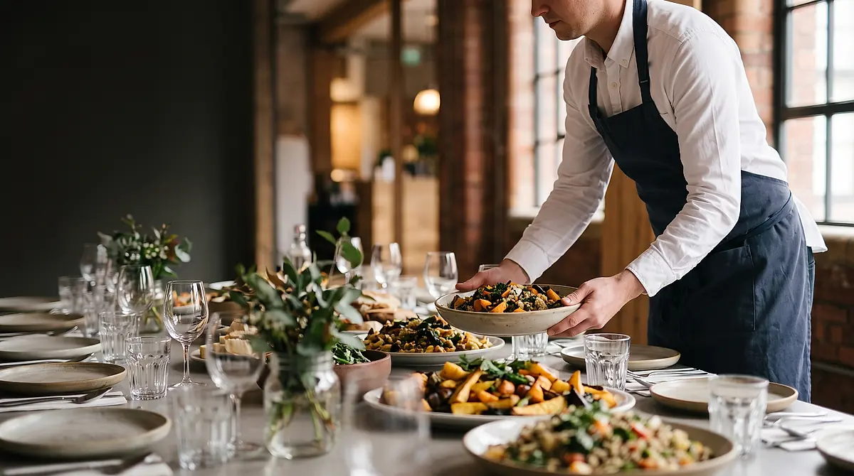 A caterer setting a bowl of roasted vegetables and grains on a table laid for an office breakfast