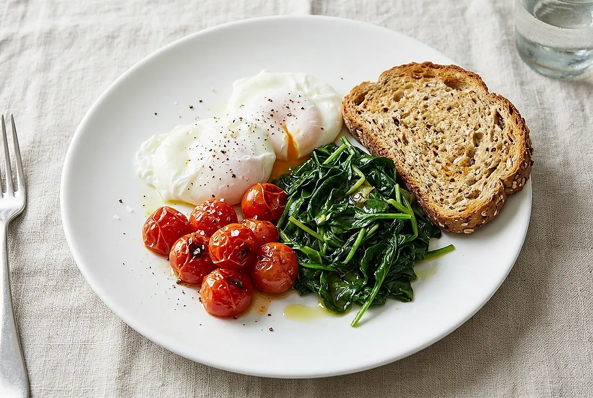 Poached eggs, wilted greens, roasted tomatoes and wholegrain toast on a white plate