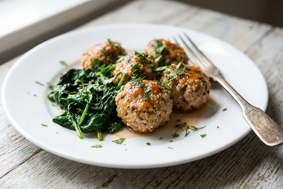 Turkey and quinoa meatballs with wilted spinach on a white plate